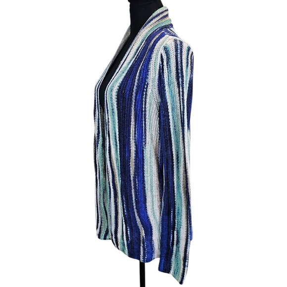 NWT Chico's Boho Linen Broken Stripe Cocoon Sweater Cardigan Medium Blue Cozy - Picture 4 of 16